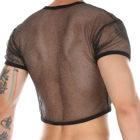 Mens Fishnet Shirts See Through Faux Leather Sexy Crop Tops Short Sleeve Mesh T Shirts in Kuwait