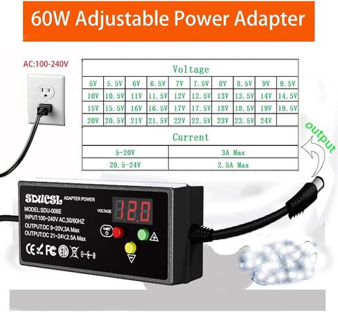 Universal AC/DC Power Supply, 5-24V 60W Universal Power Adapter with 8 Tips,100-240V AC to DC 5V 9V 12V 15V 18V 20V 21V 24V 3A Max,Switching Power Supply Transformer, Universal Charger for All Devices in Saudi Arabia
