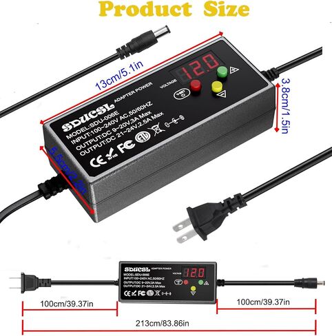 Universal AC/DC Power Supply, 5-24V 60W Universal Power Adapter with 8 Tips,100-240V AC to DC 5V 9V 12V 15V 18V 20V 21V 24V 3A Max,Switching Power Supply Transformer, Universal Charger for All Devices in Saudi Arabia