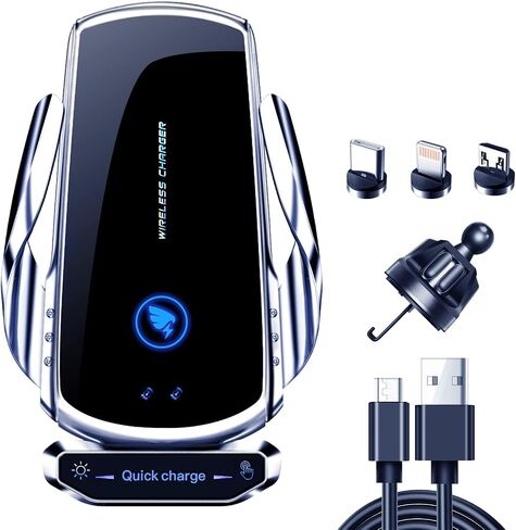 Wireless Car Charger Mount 15W Qi Fast Charging Auto Clamping Windshield Dashboard Suction Cup Air Vent Cell Phone Holder Bracket Compatible with All Smartphone (Black) in Saudi Arabia