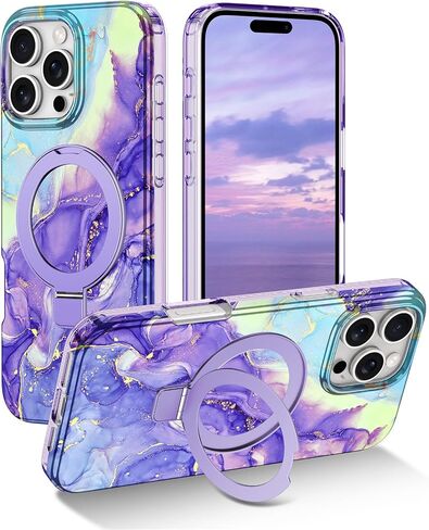 Lamcase for iPhone 16 Pro Case with Magnetic Invisible Ring Stand [Compatible with MagSafe], Full Body Rugged Slim Women Men Girl Shockproof Marble Pattern Design Case, Violet in Saudi Arabia