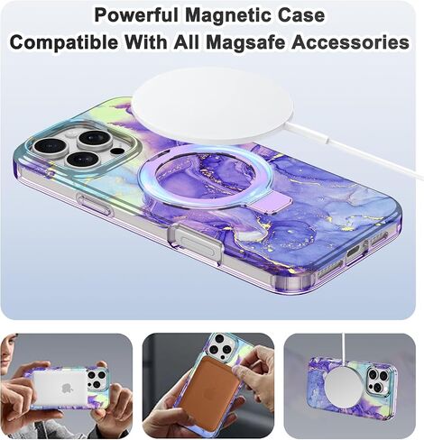 Lamcase for iPhone 16 Pro Case with Magnetic Invisible Ring Stand [Compatible with MagSafe], Full Body Rugged Slim Women Men Girl Shockproof Marble Pattern Design Case, Violet in Saudi Arabia