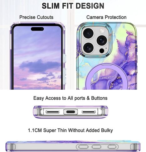 Lamcase for iPhone 16 Pro Case with Magnetic Invisible Ring Stand [Compatible with MagSafe], Full Body Rugged Slim Women Men Girl Shockproof Marble Pattern Design Case, Violet in Saudi Arabia