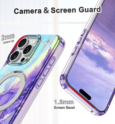 Lamcase for iPhone 16 Pro Case with Magnetic Invisible Ring Stand [Compatible with MagSafe], Full Body Rugged Slim Women Men Girl Shockproof Marble Pattern Design Case, Violet in Saudi Arabia