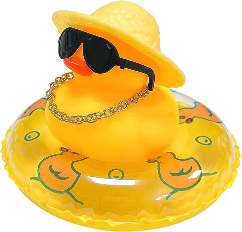 Mini Car Rubber Duck, Yellow Duck Decoration Dashboard with Sun Hat Swim Ring Necklace Sunglasses for Bathroom Car Dashboard Decorations (Yellow Hat-Yellow Duck Swim Ring) in Saudi Arabia