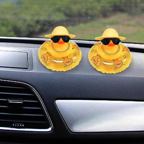 Mini Car Rubber Duck, Yellow Duck Decoration Dashboard with Sun Hat Swim Ring Necklace Sunglasses for Bathroom Car Dashboard Decorations (Yellow Hat-Yellow Duck Swim Ring) in Saudi Arabia