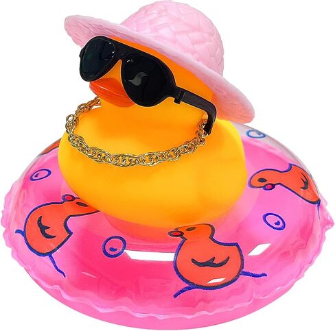 Mini Car Rubber Duck, Yellow Duck Decoration Dashboard with Sun Hat Swim Ring Necklace Sunglasses for Bathroom Car Dashboard Decorations (Yellow Hat-Yellow Duck Swim Ring) in Saudi Arabia