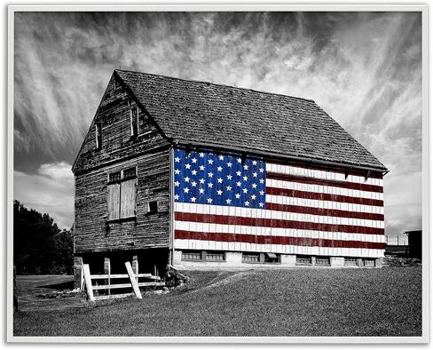 Stupell Industries sca-148-Wall-Art أبيض وأسود Farmhouse Barn العلم الأمريكي، لوحة فنية جدارية، 24 × 30، قماش مغلف في المعرض in Kuwait