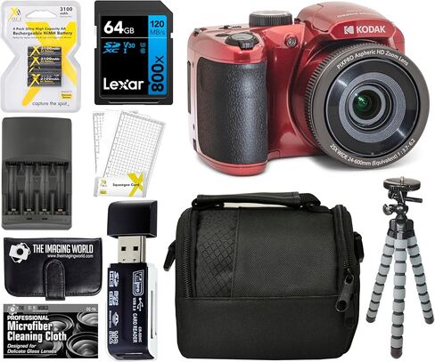 كاميرا KODAK PIXPRO Red AZ255 16MP رقمية 25X زووم بصري 24 مم عدسة زاوية واسعة تثبيت الصورة البصرية 1080P Full HD Video 3 بوصة LCD كاميرا تسجيل فيديو + بطاقة 64 جيجابايت + حافظة + حامل ثلاثي + حزمة in Kuwait