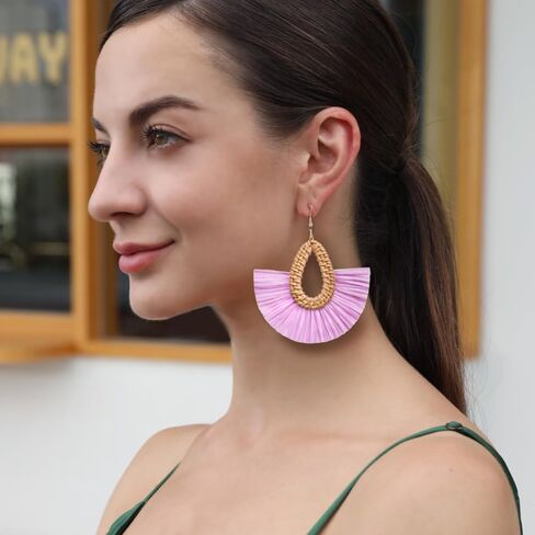 بيان الرافية شرابة الأقراط بوهو الصيف الشاطئ الأقراط خفيفة الوزن القش الخوص تتدلى انخفاض الأقراط العصرية الروطان هامش مجوهرات للنساء الفتيات in Kuwait