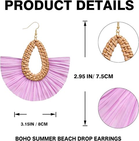 بيان الرافية شرابة الأقراط بوهو الصيف الشاطئ الأقراط خفيفة الوزن القش الخوص تتدلى انخفاض الأقراط العصرية الروطان هامش مجوهرات للنساء الفتيات in Kuwait