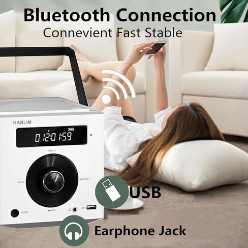 مشغل أقراص مضغوطة محمول بقدرة 20 وات متوافق مع بلوتوث/راديو FM/تشغيل MP3/مدخل USB/AUX/مقبس سماعة الرأس/مقبس الميكروفون/جهاز التحكم عن بعد، بطارية مدمجة قابلة لإعادة الشحن بقدرة 2000 مللي أمبير في الساعة، مشغل أقراص مضغوطة استريو مدمج in Saudi Arabia