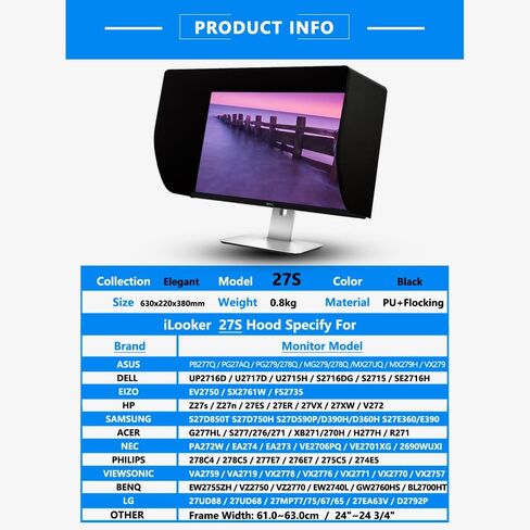 غطاء شاشة فيديو LED بإطار نحيف للغاية مقاس 27 بوصة من iLooker-27S غطاء شمسي لجهاز Dell HP Viewsonic Philips Samsung LG EIZO NEC ASUS ACER BENQ AOC LENOVO، يناسب عرض إطار الشاشة 610-630 مم in Kuwait