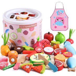 WHOHOLL Wooden Play Food Toys for Kids Kitchen Playset, Play Kitchen Accessories with Basket Pretend Cutting Food Grocery Store Pretend Play Montessori Toys for 1+ Year Old Girls and Boys