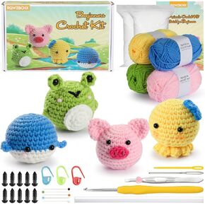 RQWZBCHX Crochet Kit, 4PCS Beginner Crochet Kit for Adults with Step-by-Step Video Tutorials, Cute DIY Crochet Animal Kits with Enough Yarns, Hook, Accessories