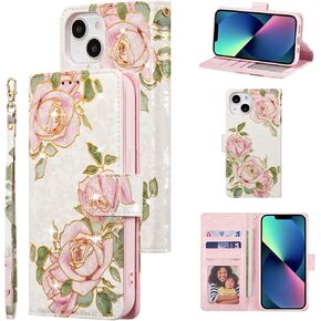 UEEBAI Wallet Case for iPhone 15 Pro Max, PU Leather Phone Case Kickstand RFID Blocking Flip Case Card Slots Wrist Strap Relief Engraved Pattern Magnetic Closure Flower Folio Case, Blue Butterfly