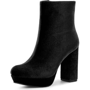 Allegra K Women's Platform Round Toe Faux Velvet Block Heels Ankle Boots