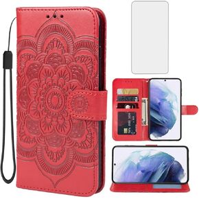 for Galaxy S21 5G Case, Samsung S21 SM-G991U Wallet Case with Tempered Glass Screen Protector, Mandala PU Leather Wrist Strap Card Slots Protective Flip Cover for Samsung Galaxy S21 5G Green