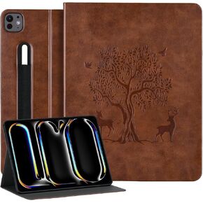 HFcoupe for M4 iPad Pro 11 inch Case 2024, Slim iPad Pro 5th Generation Case with Elastic Pencil Holder and Magnetic Closure, Auto Wake/Sleep Embossed Folio Cover for iPad Pro 11 in, Brown
