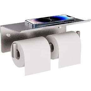 Double Toilet Paper Holder with Shelf, FreshGlow Large Tissue Holder Brushed Nickel, Wall Mount Commercial Toilet Paper Dispenser Phone Shelf Stainless Steel, Tissue Roll for Bathroom