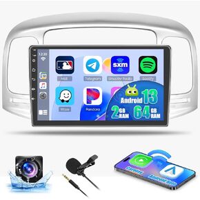 [2G+64G] Hikity Wireless Carplay Stereo for Hyundai Accent 2006-2011 with Android Auto, 9 Inch Touch Screen Android 13 Radio with GPS Bluetooth FM/RDS WiFi SWC Dual USB + Backup Camera