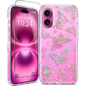 Coolwee for iPhone 16 Plus Case with Screen Protector, Cute for Women Girls, 6.6FT Military Grade Protective Cover for iPhone 16 Plus Phone Case Sparkle Crystal Butterfly Bling, Clear Glitter