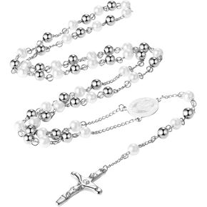 Religious Rosary Beaded Cross Necklace: Silver Christian Beaded Stainless Steel Pearl Virgin Mary Medallion Y Necklace Jewelry Gifts for Women Men