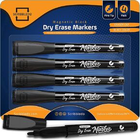 Scribbledo 12 Pack Magnetic Dry Erase Markers Black Fine Tip Whiteboard Markers with Eraser Cap Thin Low Odor Skinny White Board Markers for Adults Students Teachers Kids Art Home School & Office