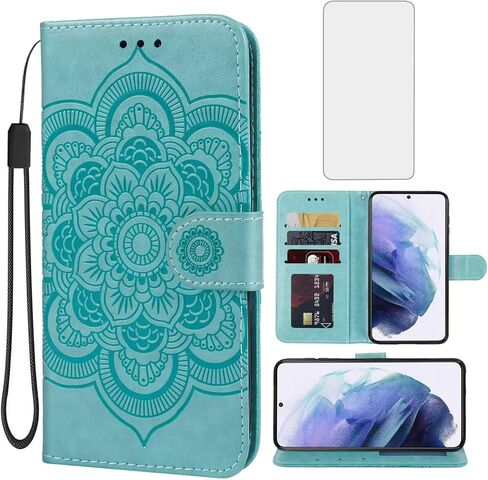 for Galaxy S21 5G Case, Samsung S21 SM-G991U Wallet Case with Tempered Glass Screen Protector, Mandala PU Leather Wrist Strap Card Slots Protective Flip Cover for Samsung Galaxy S21 5G Green in Saudi Arabia