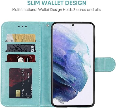 for Galaxy S21 5G Case, Samsung S21 SM-G991U Wallet Case with Tempered Glass Screen Protector, Mandala PU Leather Wrist Strap Card Slots Protective Flip Cover for Samsung Galaxy S21 5G Green in Saudi Arabia