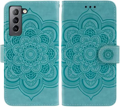 for Galaxy S21 5G Case, Samsung S21 SM-G991U Wallet Case with Tempered Glass Screen Protector, Mandala PU Leather Wrist Strap Card Slots Protective Flip Cover for Samsung Galaxy S21 5G Green in Saudi Arabia