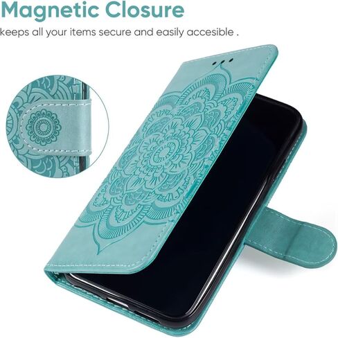 for Galaxy S21 5G Case, Samsung S21 SM-G991U Wallet Case with Tempered Glass Screen Protector, Mandala PU Leather Wrist Strap Card Slots Protective Flip Cover for Samsung Galaxy S21 5G Green in Saudi Arabia