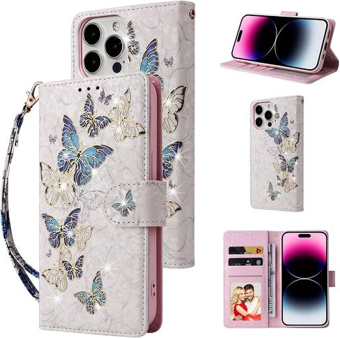 UEEBAI Wallet Case for iPhone 15 Pro Max, PU Leather Phone Case Kickstand RFID Blocking Flip Case Card Slots Wrist Strap Relief Engraved Pattern Magnetic Closure Flower Folio Case, Blue Butterfly in Saudi Arabia