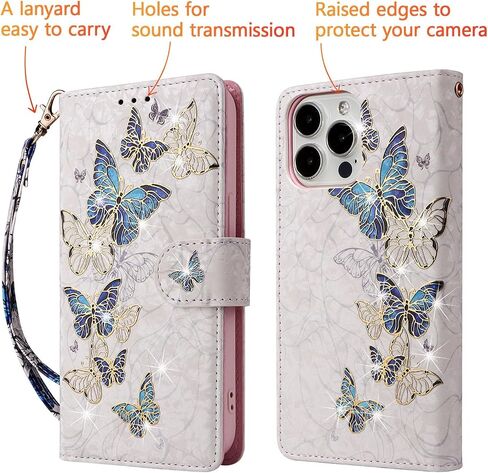 UEEBAI Wallet Case for iPhone 15 Pro Max, PU Leather Phone Case Kickstand RFID Blocking Flip Case Card Slots Wrist Strap Relief Engraved Pattern Magnetic Closure Flower Folio Case, Blue Butterfly in Saudi Arabia