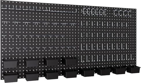 INCLY 100PCS Black Pegboard Wall Organizer Kit, 24x24 Inch Metal Pegboard Panels Utility Tool Organizer with Hooks & Paper Towel Holder, Pegboard Storage System for Garage Workbench Shed in Saudi Arabia