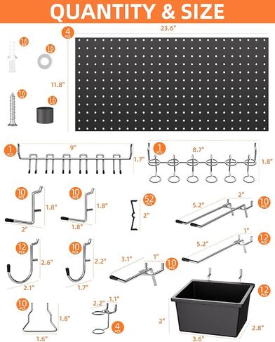 INCLY 100PCS Black Pegboard Wall Organizer Kit, 24x24 Inch Metal Pegboard Panels Utility Tool Organizer with Hooks & Paper Towel Holder, Pegboard Storage System for Garage Workbench Shed in Saudi Arabia