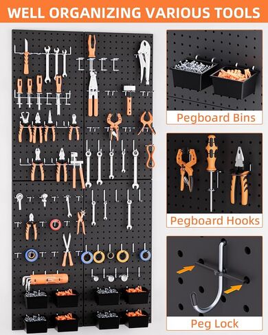 INCLY 100PCS Black Pegboard Wall Organizer Kit, 24x24 Inch Metal Pegboard Panels Utility Tool Organizer with Hooks & Paper Towel Holder, Pegboard Storage System for Garage Workbench Shed in Saudi Arabia