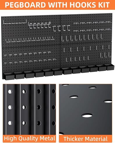 INCLY 100PCS Black Pegboard Wall Organizer Kit, 24x24 Inch Metal Pegboard Panels Utility Tool Organizer with Hooks & Paper Towel Holder, Pegboard Storage System for Garage Workbench Shed in Saudi Arabia