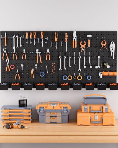 INCLY 100PCS Black Pegboard Wall Organizer Kit, 24x24 Inch Metal Pegboard Panels Utility Tool Organizer with Hooks & Paper Towel Holder, Pegboard Storage System for Garage Workbench Shed in Saudi Arabia