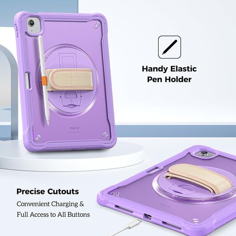 حافظة ProCase متينة لجهاز iPad Air 11 بوصة (M2) 2024/ Air 5th / 4th Gen 10.9 بوصة وiPad Pro 11 بوصة الجيل الرابع/الثالث/الثاني/الأول، غطاء عالي التحمل مقاوم للصدمات مع حزام يد بمسند قابل للدوران 360 درجة - أسود in Kuwait