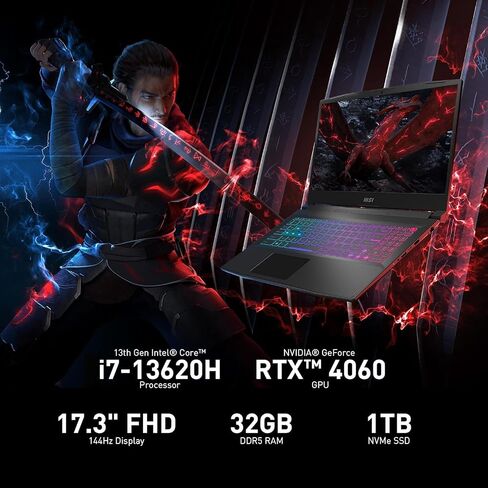 كمبيوتر محمول للألعاب MSI Katana 17، شاشة 17.3 بوصة 144 هرتز FHD، ذاكرة وصول عشوائي DDR5 سعة 32 جيجابايت، محرك أقراص SSD سعة 2 تيرابايت، Intel i7-13620H، GeForce RTX 4060، لوحة مفاتيح بإضاءة خلفية، Cooler Boost 5، Windows 11 Pro، مع ترخيص Microsoft Office in Saudi Arabia