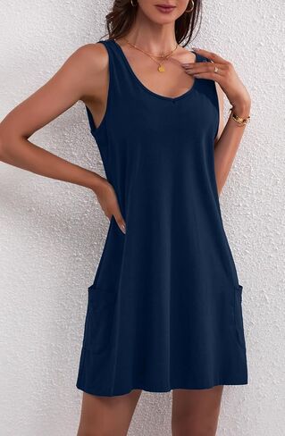 Women's Casual Sundress with Pockets Summer Boho Beach Dress V Neck Loose Tank Dresses Cute Floral T Shirt Dress in Saudi Arabia