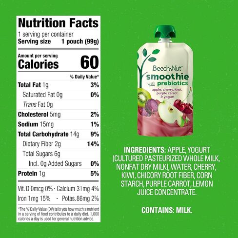 Beech-Nut Toddler Smoothies with Prebiotics, Banana Mango Passion Fruit & Yogurt Baby & Toddler Food Pouches, 3.5 oz (12 Pack) in Kuwait