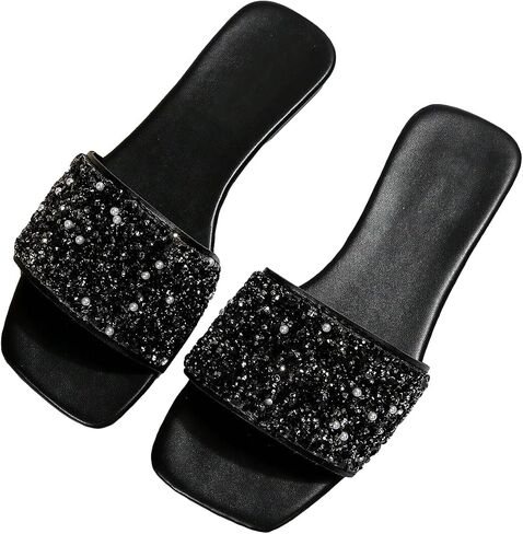 COZYEASE Women's Rhinestone Shiny Flat Sandals Glamorous Faux Pearl Flat Sandals Summer Slide Sandals Shoes in Saudi Arabia