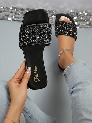 COZYEASE Women's Rhinestone Shiny Flat Sandals Glamorous Faux Pearl Flat Sandals Summer Slide Sandals Shoes in Saudi Arabia