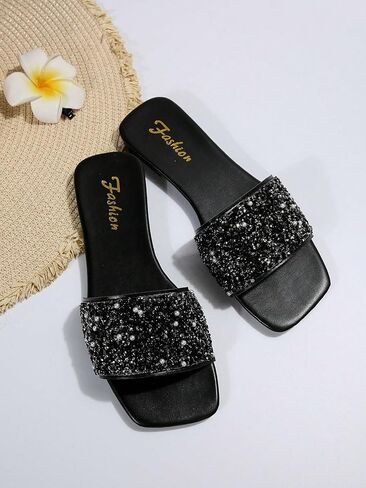 COZYEASE Women's Rhinestone Shiny Flat Sandals Glamorous Faux Pearl Flat Sandals Summer Slide Sandals Shoes in Saudi Arabia