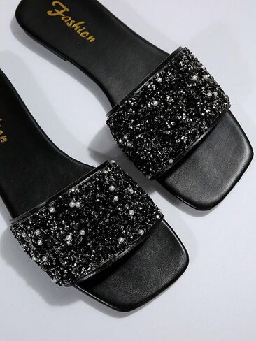 COZYEASE Women's Rhinestone Shiny Flat Sandals Glamorous Faux Pearl Flat Sandals Summer Slide Sandals Shoes in Saudi Arabia