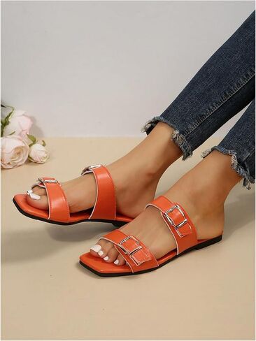 GORGLITTER Women's Two Strap Flat Sandals Buckle Square Open Toe Slip On Slide Sandals in Saudi Arabia