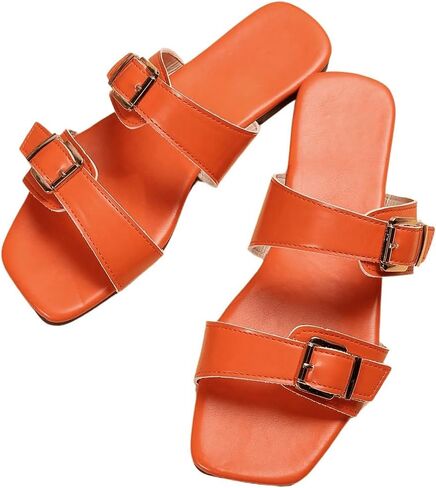 GORGLITTER Women's Two Strap Flat Sandals Buckle Square Open Toe Slip On Slide Sandals in Saudi Arabia