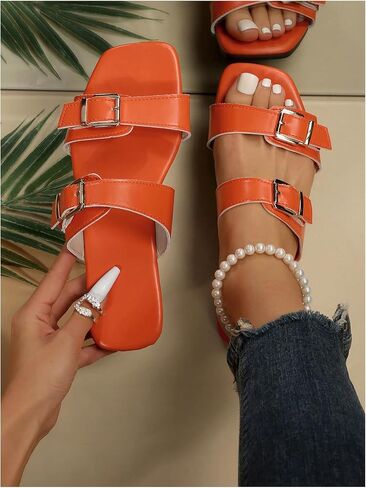 GORGLITTER Women's Two Strap Flat Sandals Buckle Square Open Toe Slip On Slide Sandals in Saudi Arabia